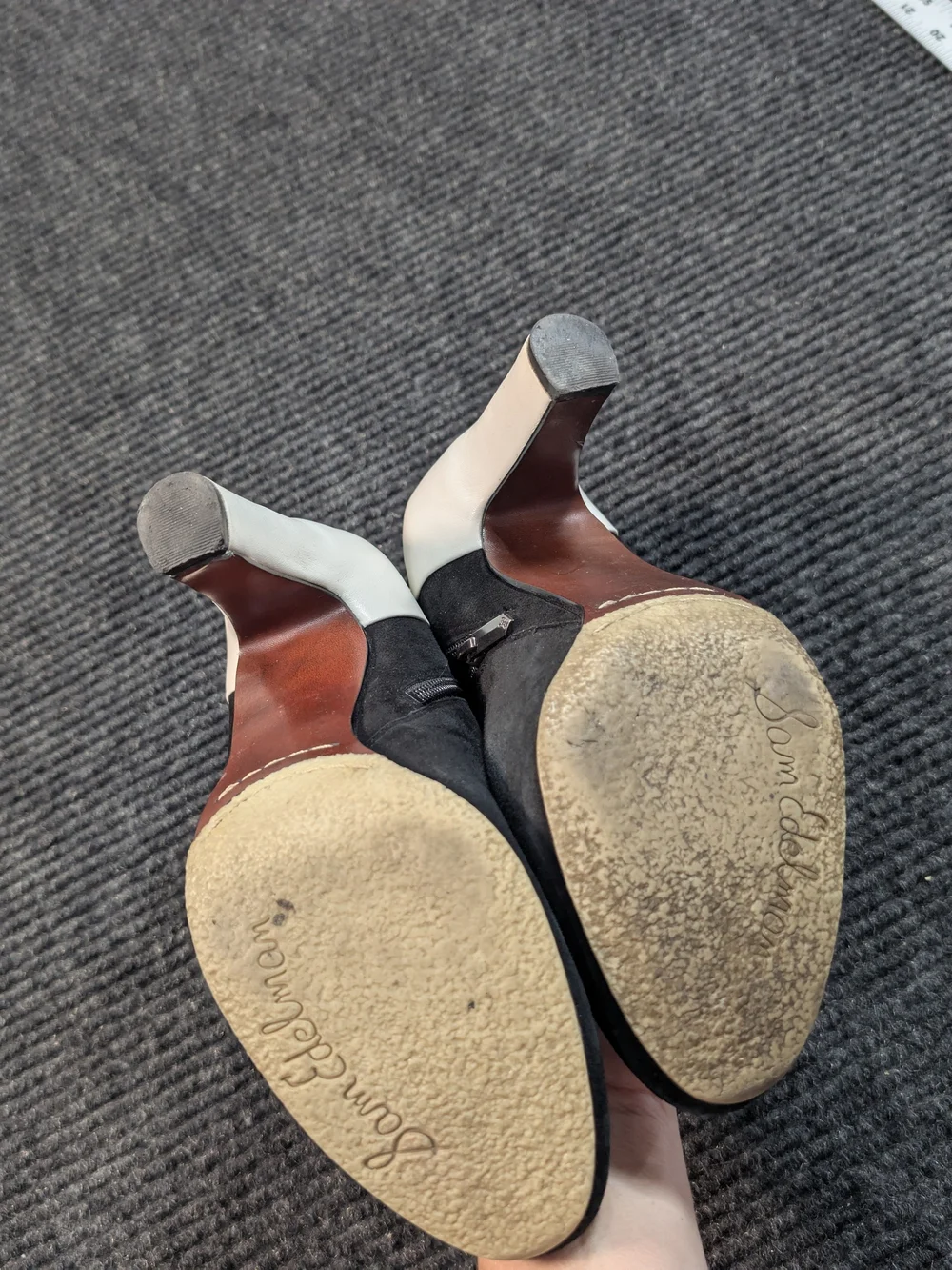 Sam Edelman Black Suede Ankle Boots with Cream Leather Heel and Blue Suede Cuff